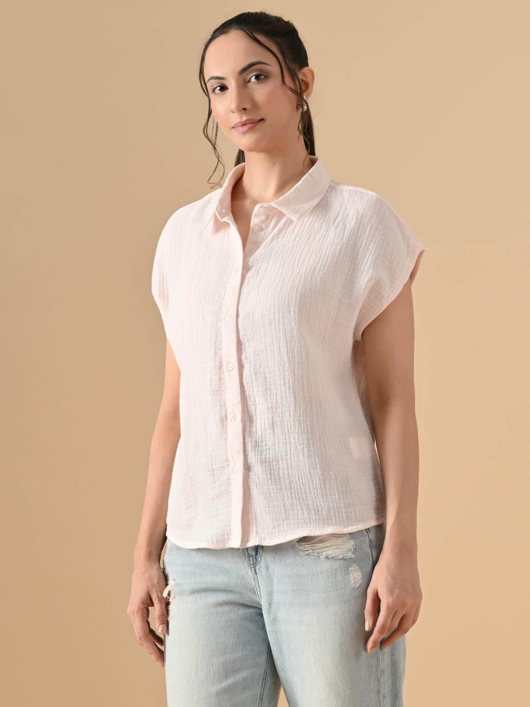 SMERA MART Women Pink Solid Sleeveless Cotton Casual Shirt