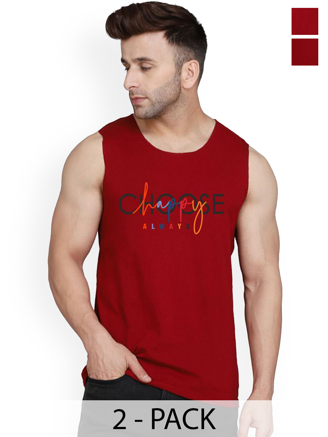 SLOWLORIS Printed Cotton Pack Of 2 Gym Vests VSL26 CMB(CHS MAROON)(PLAIN MAROON)