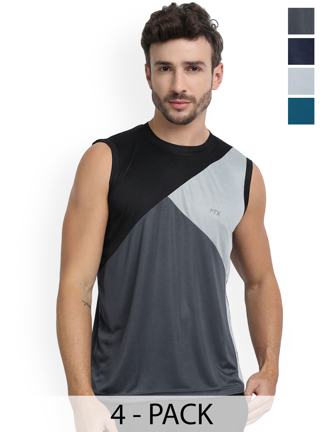 FTX  Pack Of 4 Color blocked Round Neck Gym Vests 709-1_709-10_709-11_709-12-S