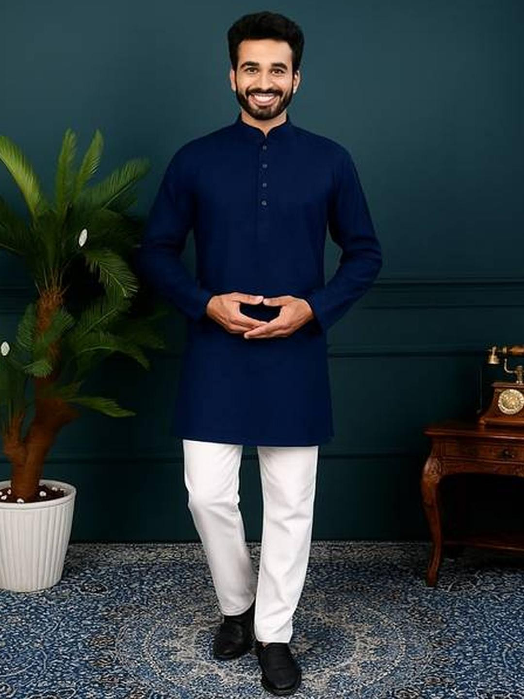 ORIFAB Men Navy Blue Kurtas