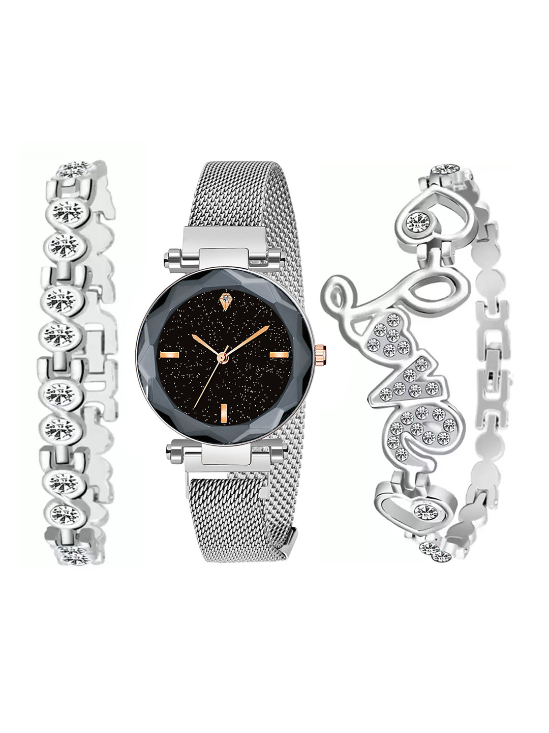 THE SHOPOHOLIC Girls Pack Of 3 Embellish Dial Analogue Watch 4P-MAG-LOVE-BR-SILVER-Silver