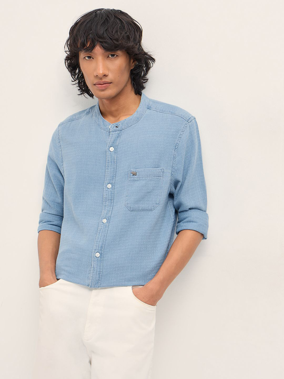 THE BEAR HOUSE Slim Fit Self Design Pure Cotton Mandarin Collar Casual Shirt