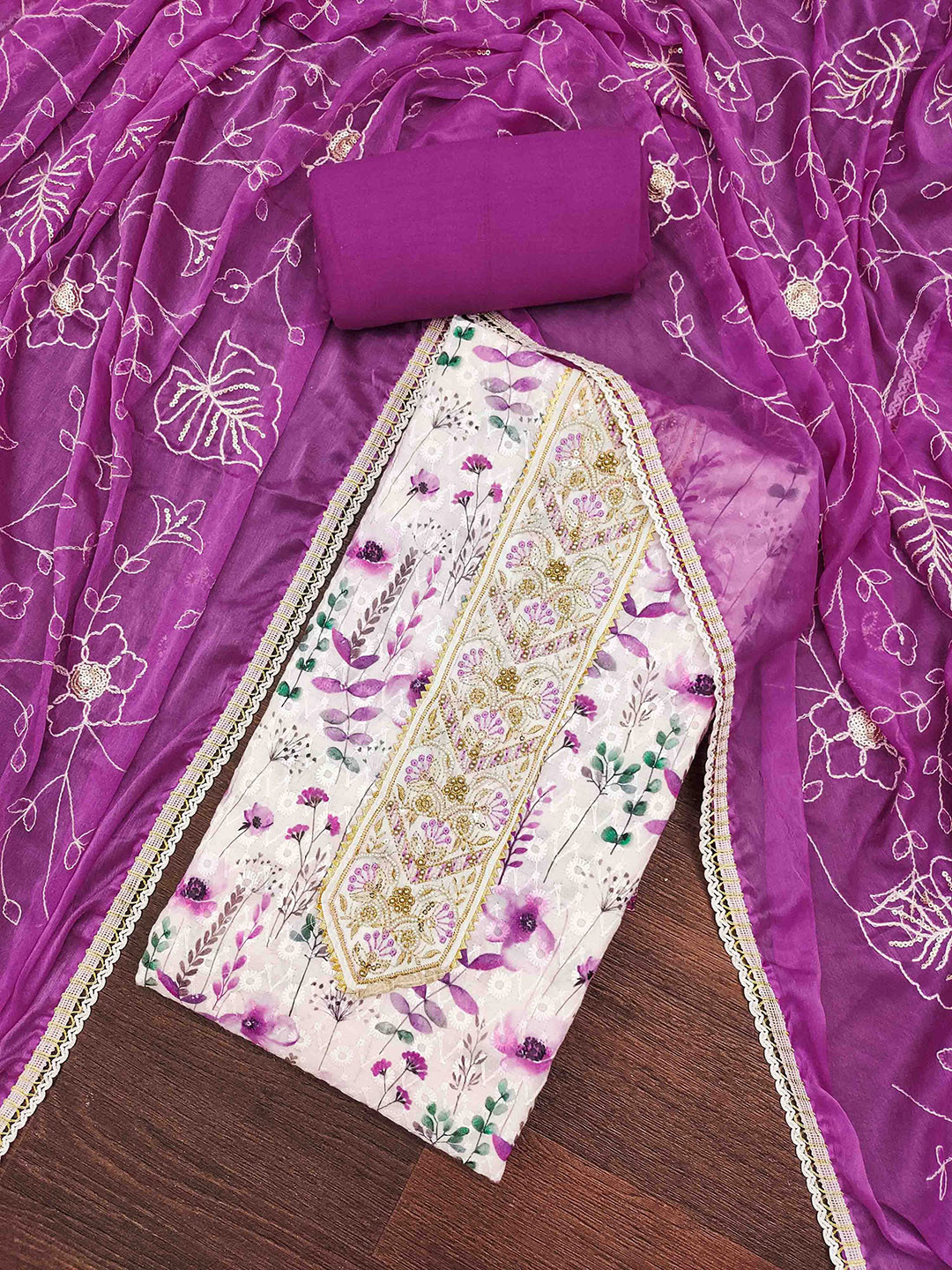 DIVASTRI Floral Printed Beads & Stones Cambric Cotton Unstitched Dress Material