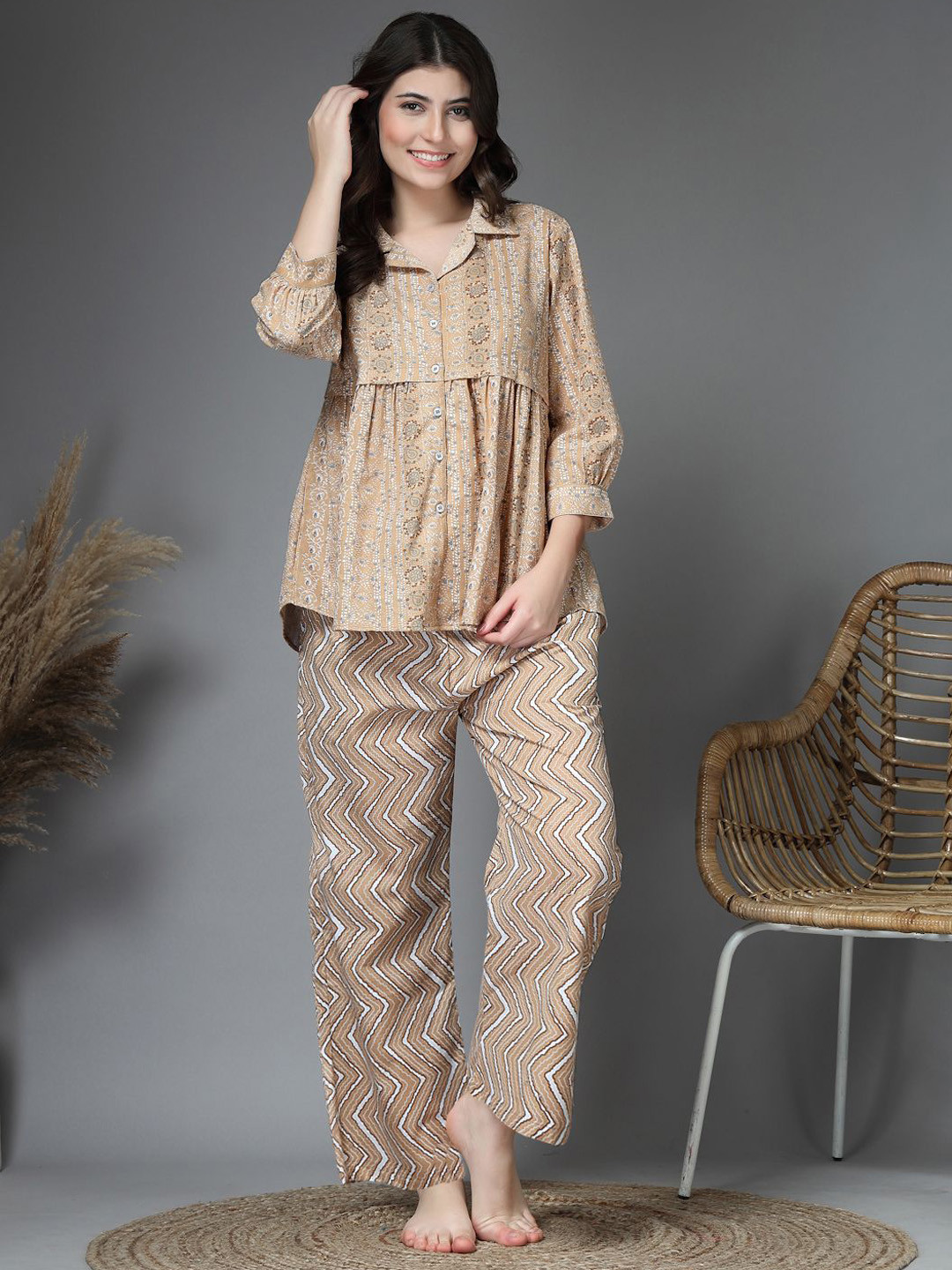 ETC Women Ethnic Motifs Printed Lapel Collar Pure Cotton Night suits