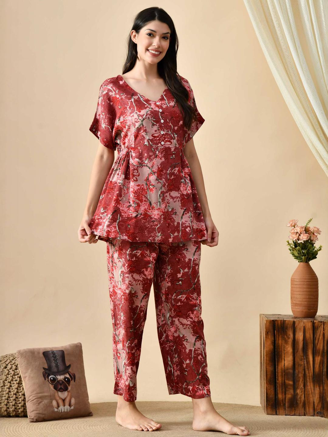 Mintmarie Floral Printed Maroon Night Suit for Women