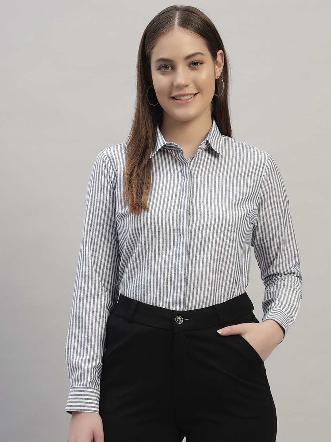 SWAZ Women Blue White Regular Fit Stripe Spread Collar Cotton Formal Shirt