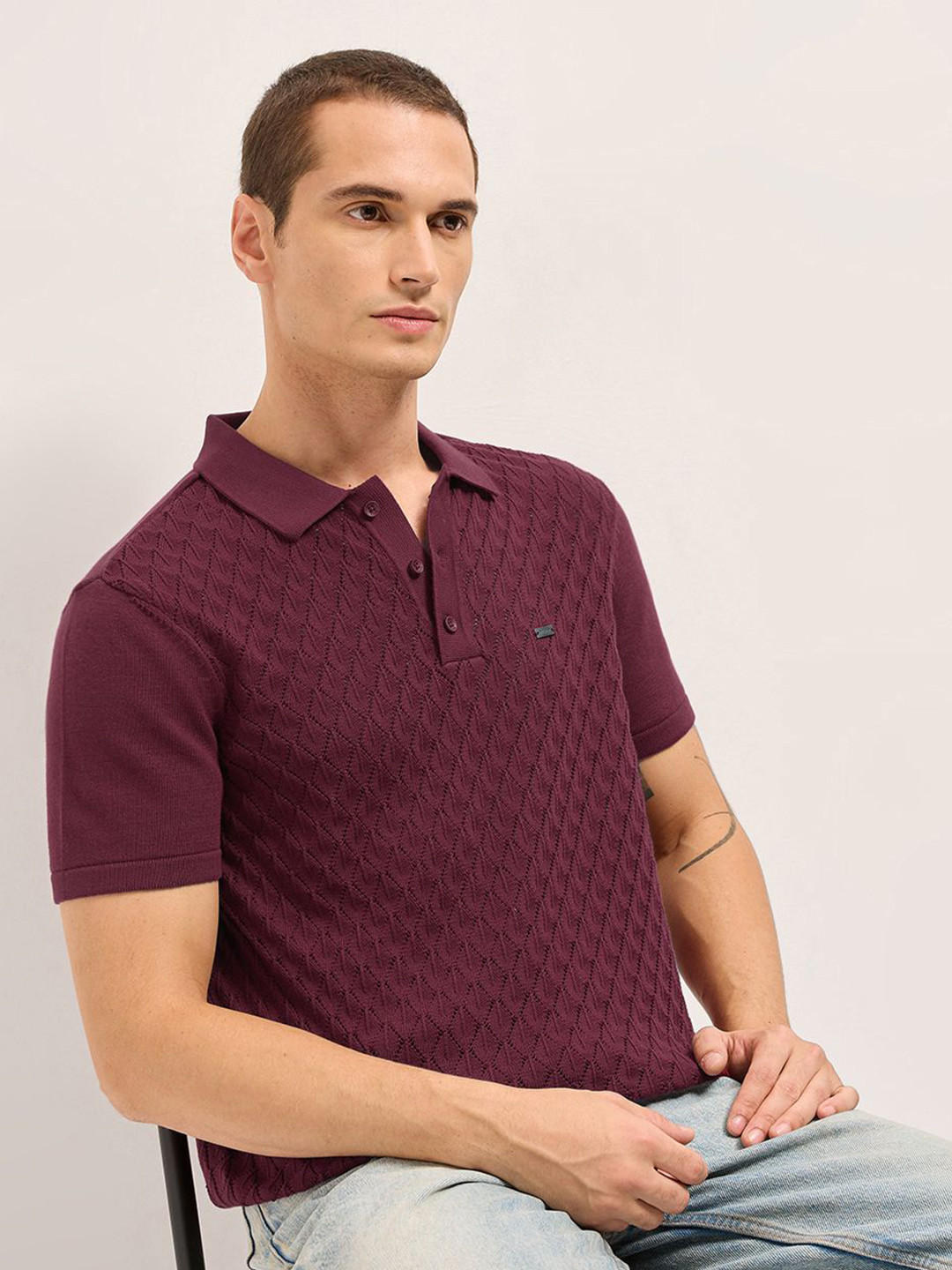 THE BEAR HOUSE Textured Polo Collar Flat Knit Slim Fit Pure Cotton T-Shirt