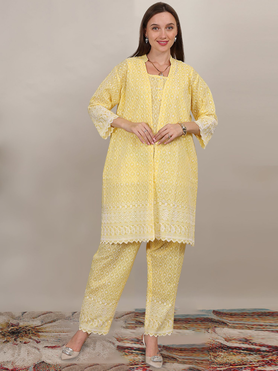 Flora & Fauna Round Neck Sleeveless Embroidered Top & Trousers With Shrug Co-Ords