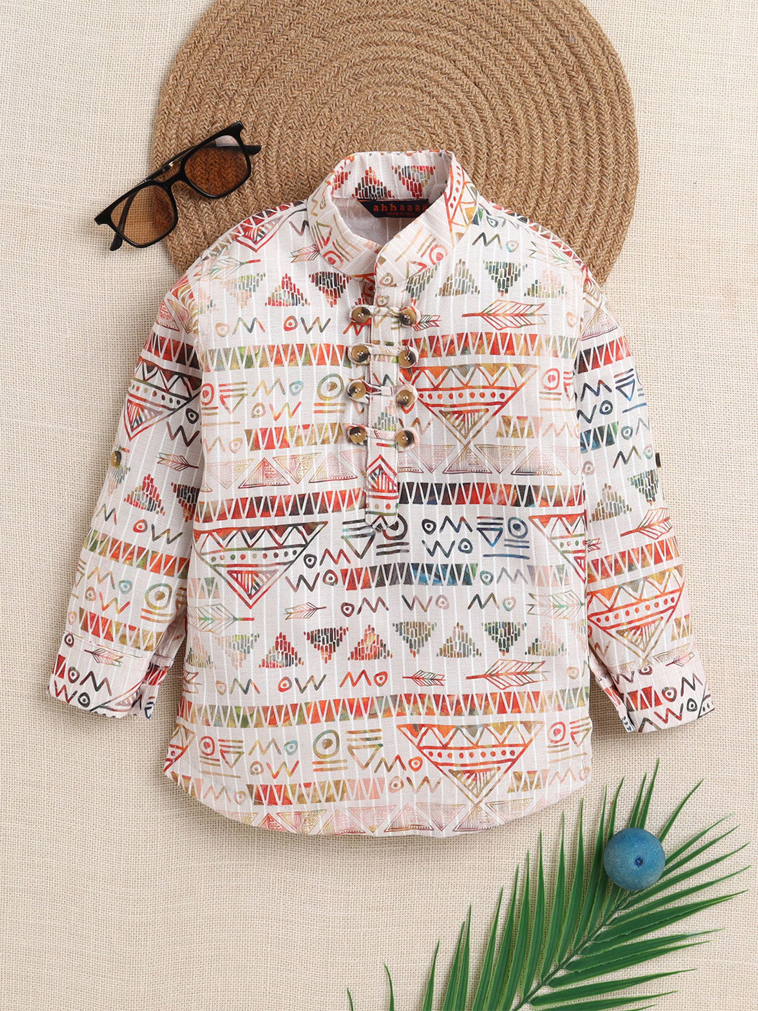 ahhaaaa Boys Tribal Printed Mandarin Collar Cotton Kurta
