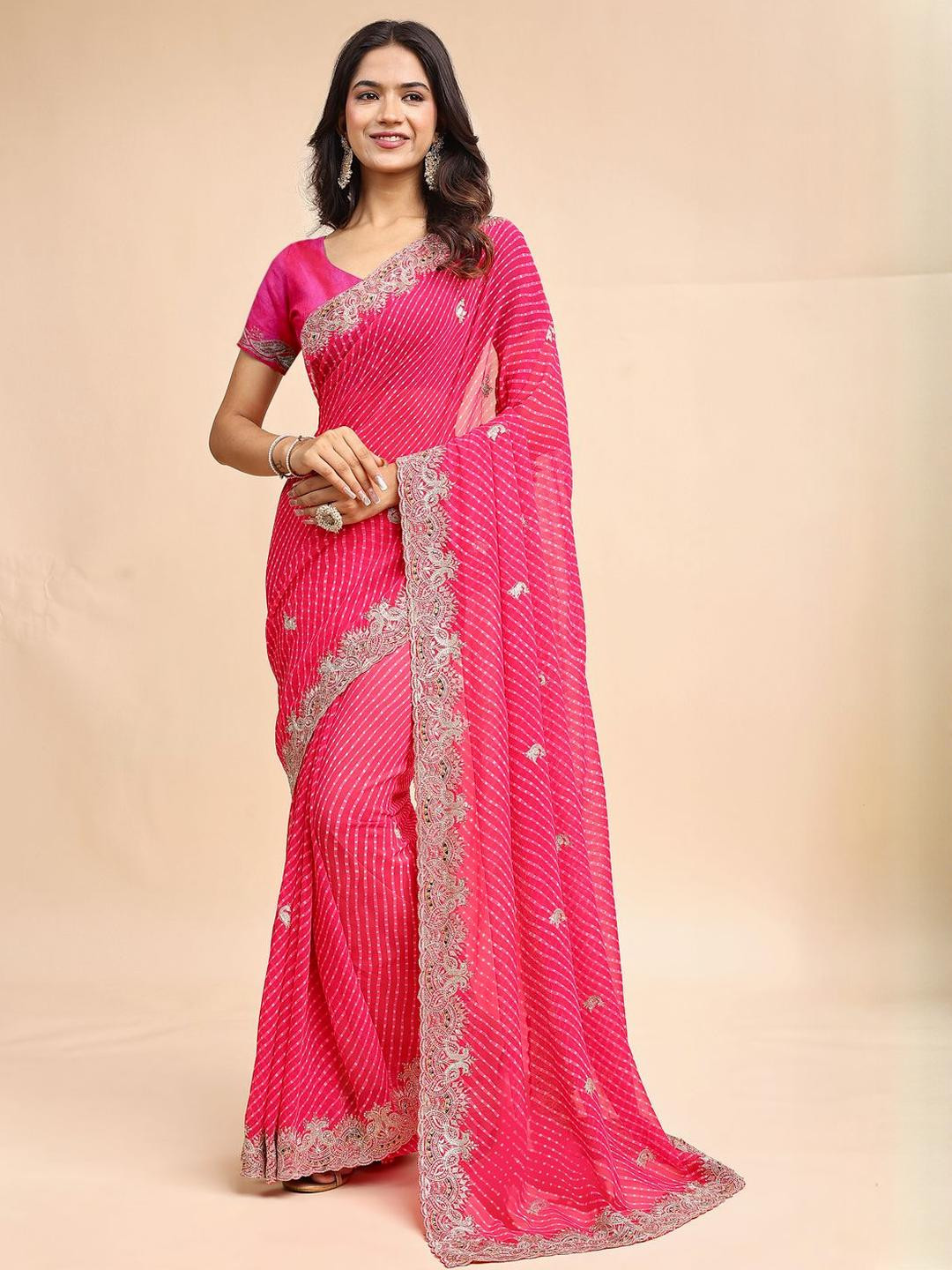 TINA FASHION Embroidered Heavy Work Leheriya Pure Georgette Saree