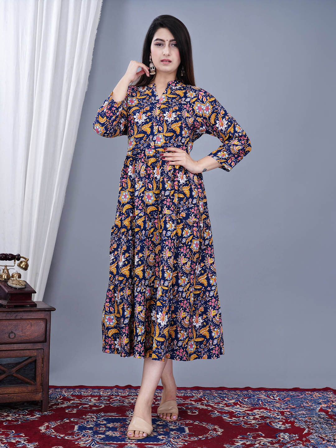 GUDWEARS Women Floral Printed Mandarin Collar Fit and Flare Midi Dress