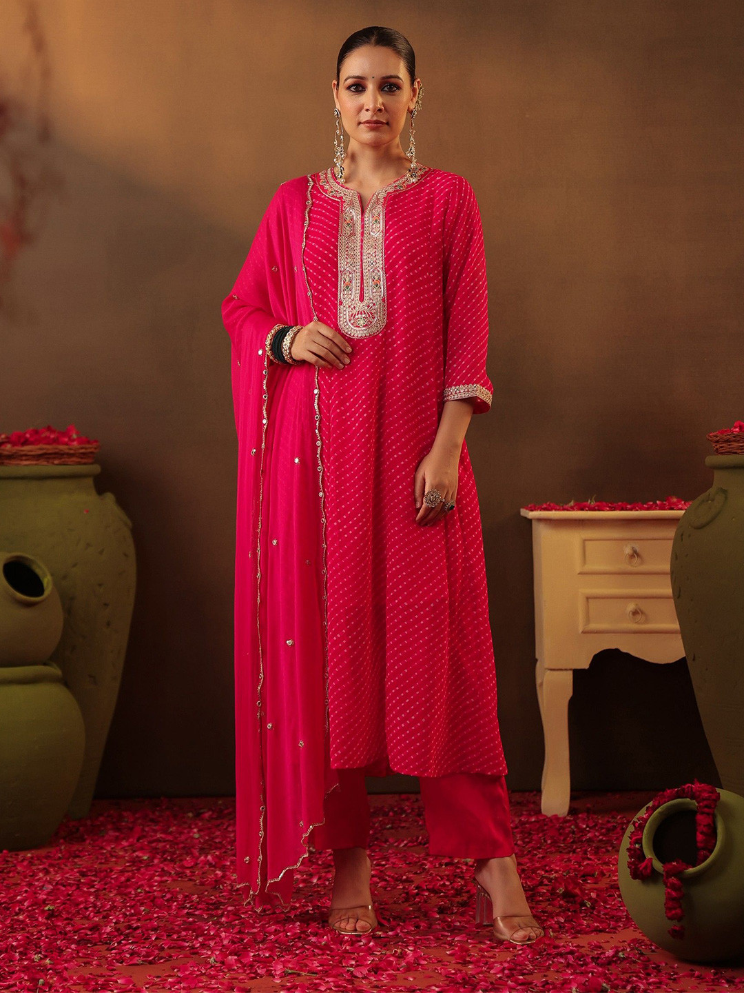 SCAKHI Women Fuchsia Mothra Embroidered Georgette Anarkali Suit Set