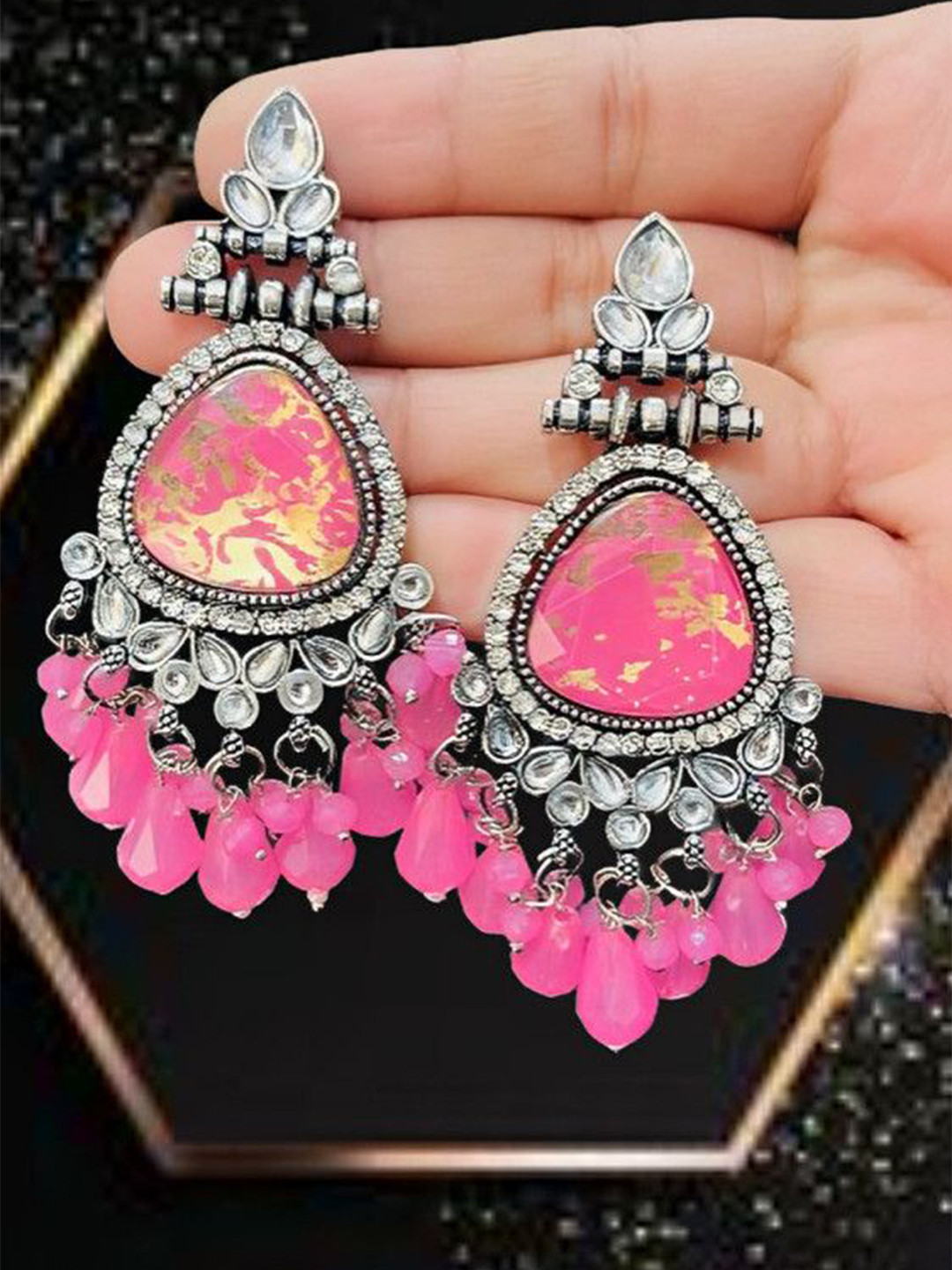 OPUS GEMS Artificial Stones Studded & Beaded Triangular Shaped Chandelier Drop Earrings