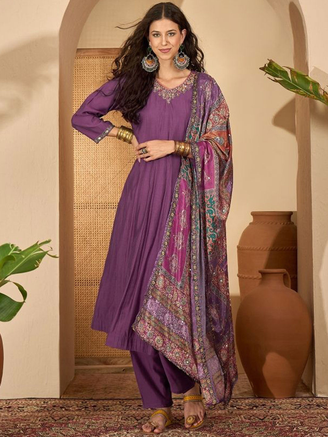 Banwaree Ethnic Motifs Yoke Design Thread Work Pure Silk Kurta with Trousers & Dupatta