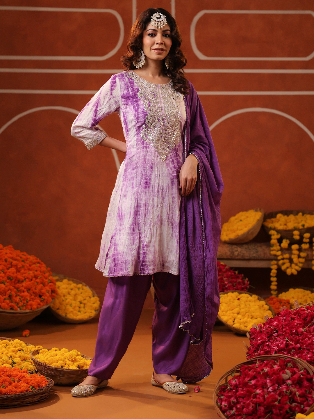 SCAKHI Purple Shibori Chanderi Silk Zari Embroidered Anarkali Suit Set