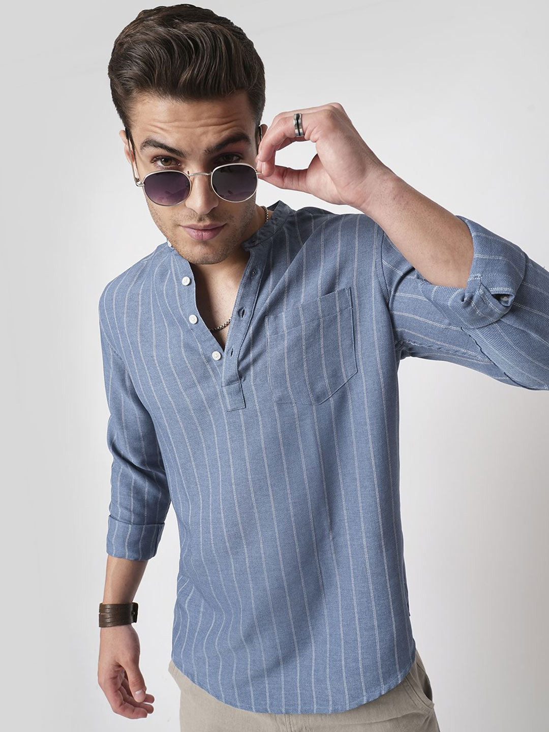 VASTRADO Men Carolina Blue Chalk Striped Kurta