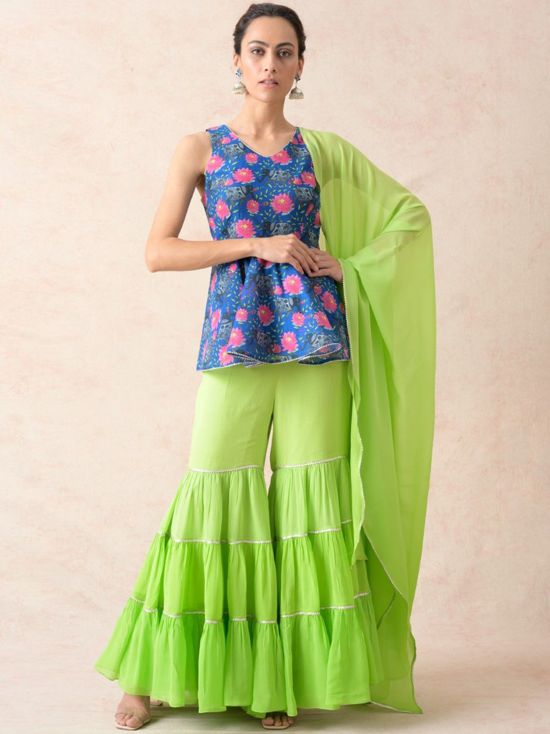 THETAA Women Ethnic Motifs Printed A-Line Kurti with Sharara & Dupatta