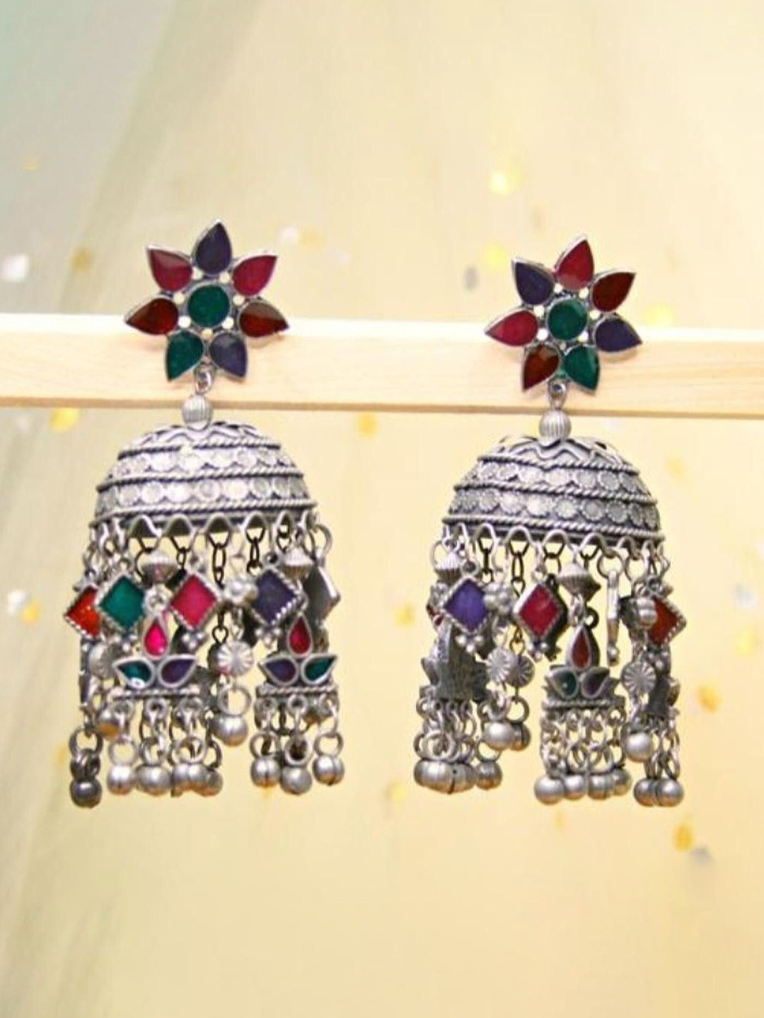 OPUS GEMS German Silver-Plated Stones Studded & Ghungroo Beaded Dome Shaped Jhumkas