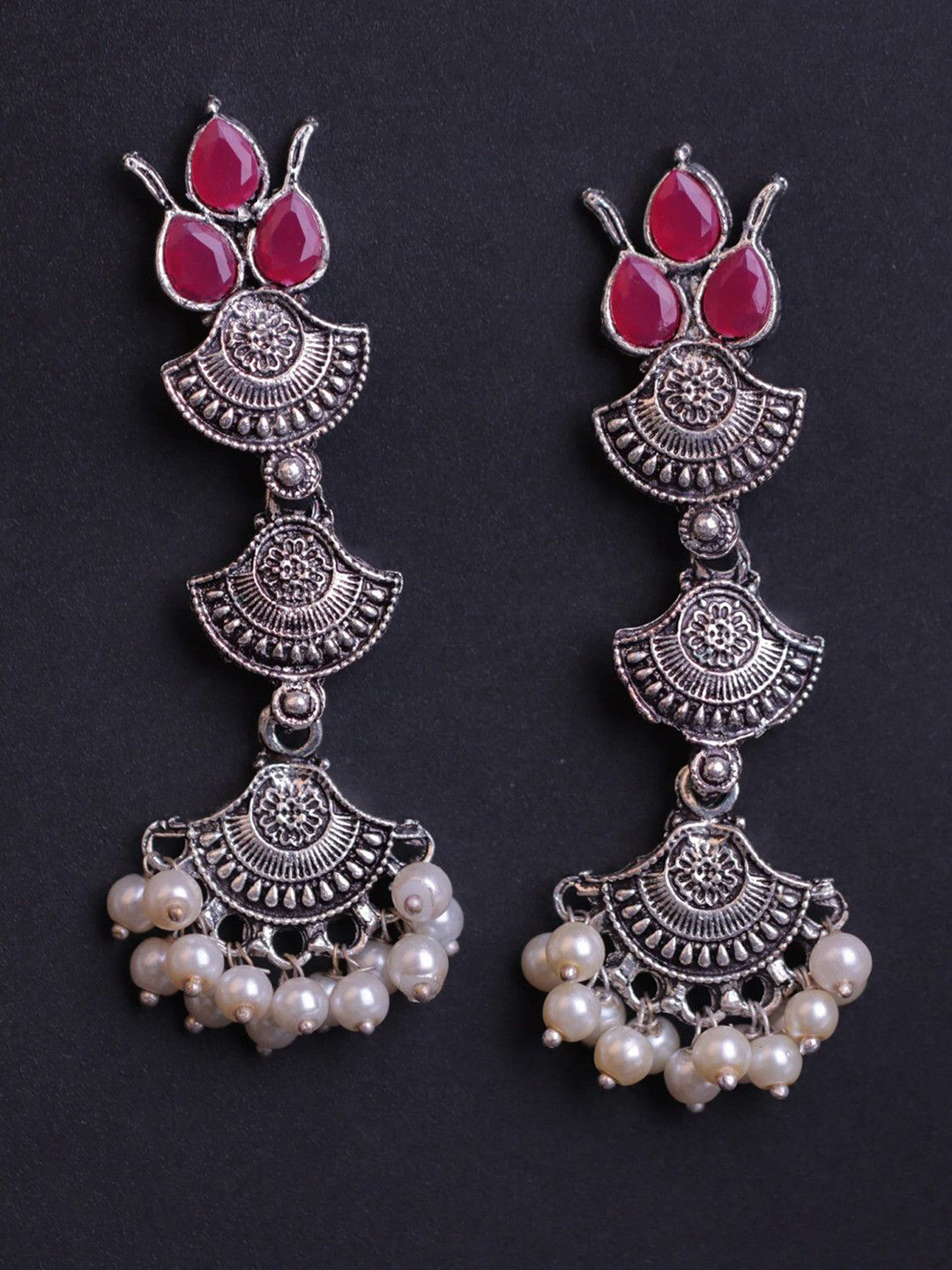 OPUS GEMS Stones Studded And Pearls Beaded Teardrop Shaped Oxidised Drop Earrings