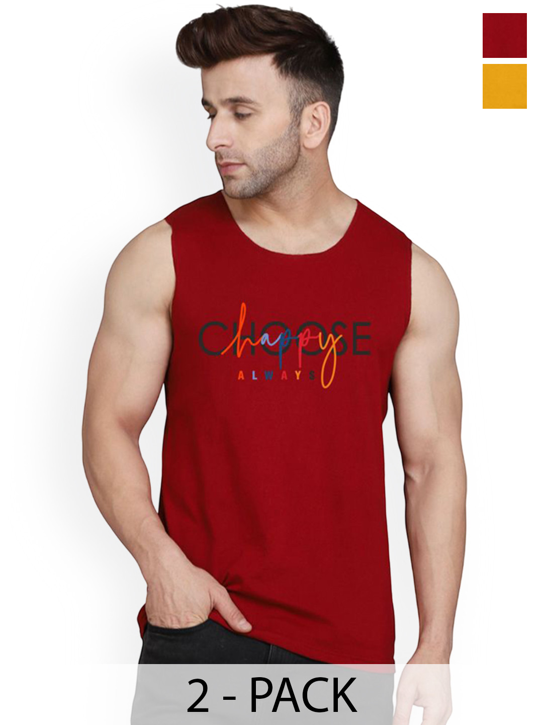 SLOWLORIS Pack of 2 Printed Combed Cotton Vest  VSL26 CMB(CHS MAROON)(GYM MUSTARD)