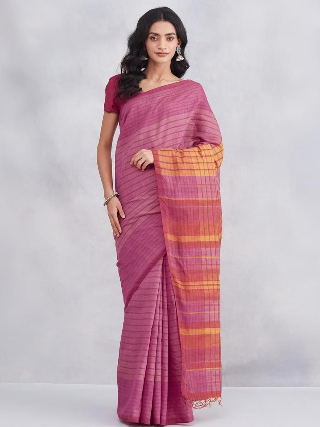 Fabindia Striped Daily Wear Saree With Tasseled