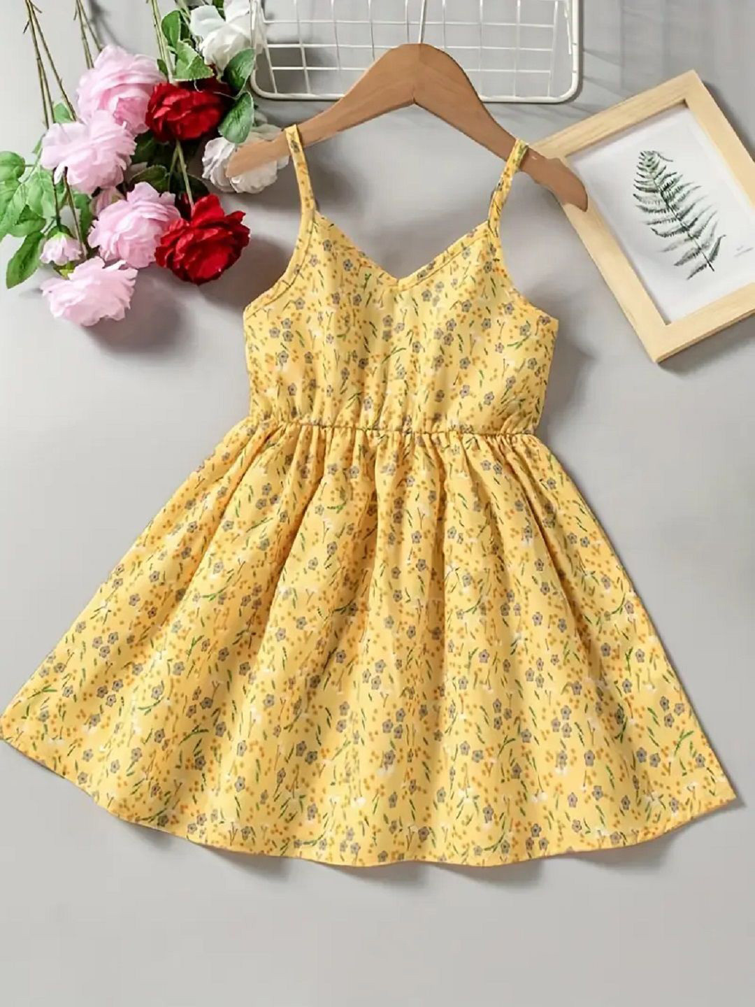 White World Girls Floral Printed Shoulder Straps Pleated Detail Fit & Flare Dress