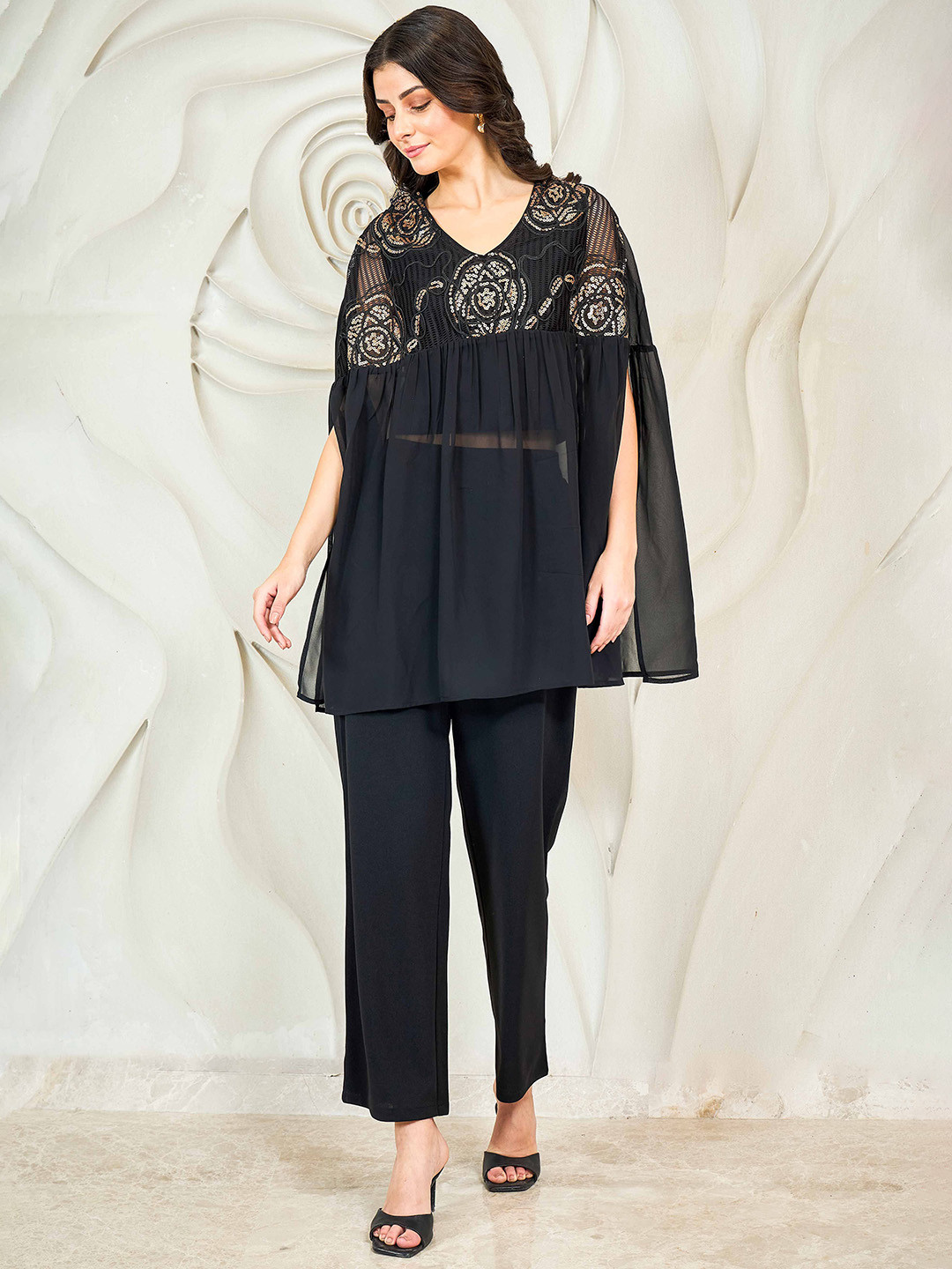 Shally Bhasin by Athena Embroidered Batwing Top With Trousers Co-Ords