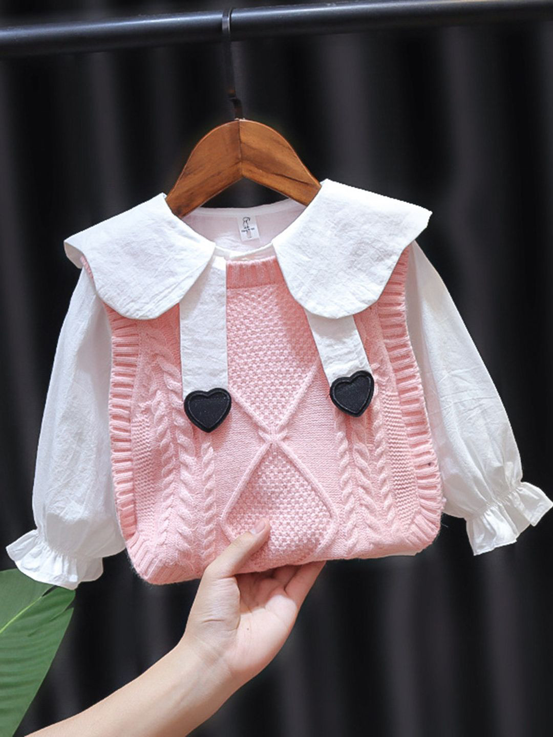 YK Girls Self Design Peter Pan Collar Puff Sleeves Top With Sweater