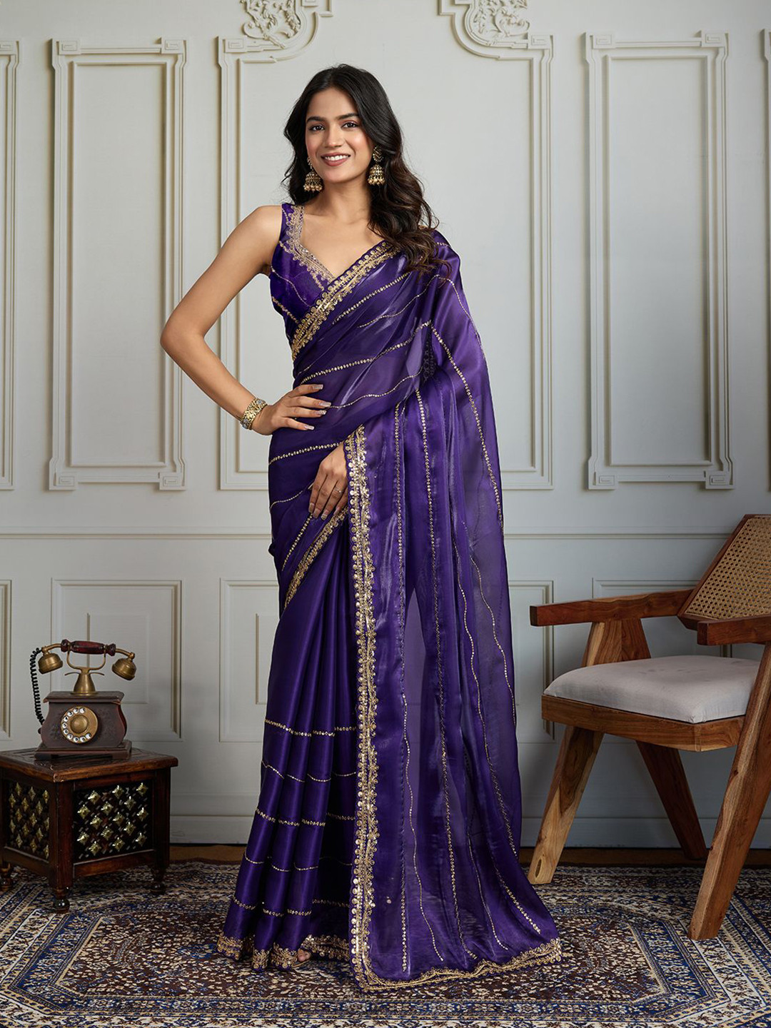 House of Pataudi Striped Sequinned Saree With with Embroidered Border & Stitched Blouse