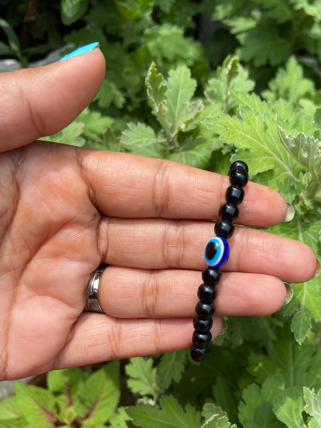 KALAFICIAL Black Beads & Evil Eye Elasticated Bracelet