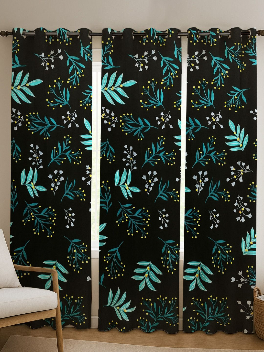 ANA Black & Teal 3 Pieces Floral Printed Room Darkening Cotton Long Door Curtains