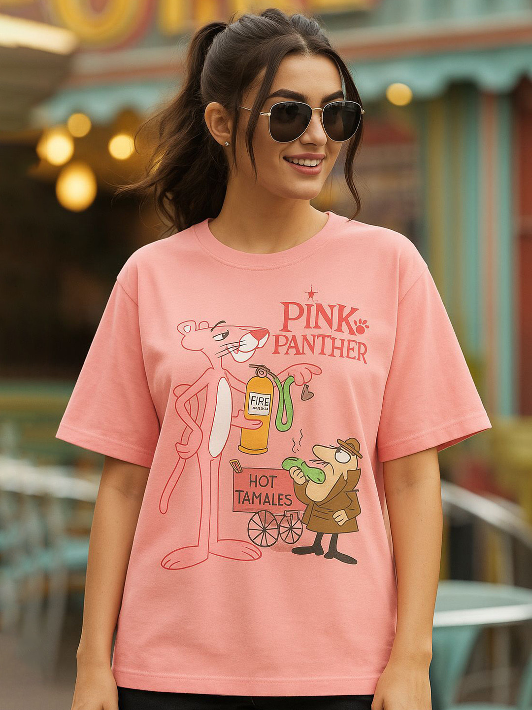 Fabflee Women Pink Panther Character Printed Round Neck Cotton Relaxed Fit T-shirt