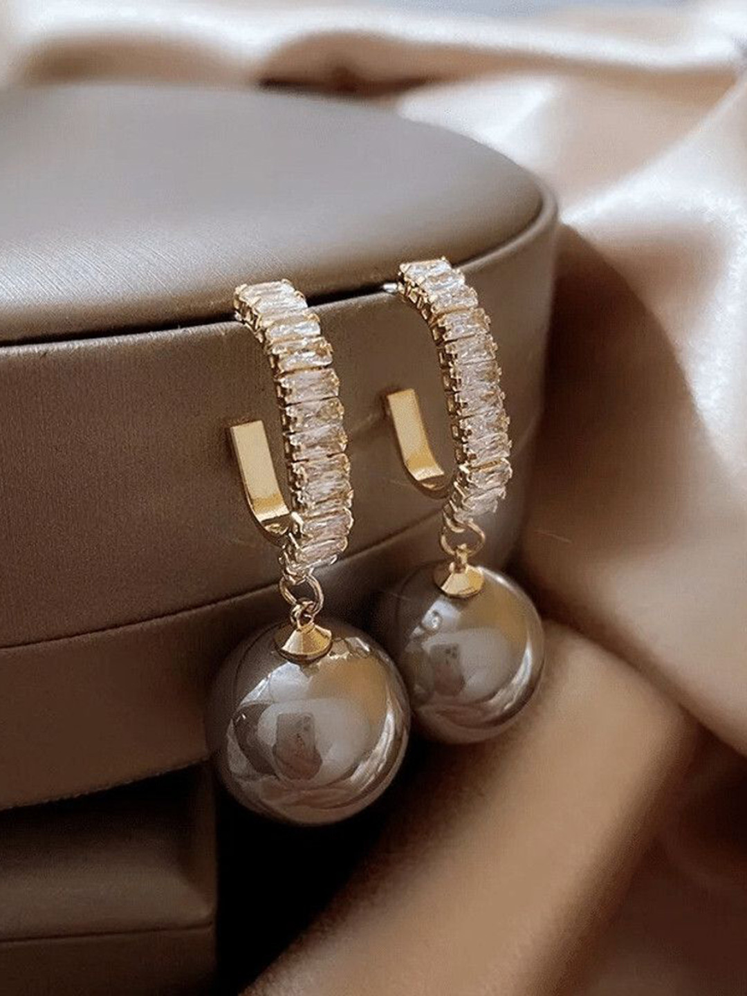 OPUS GEMS American Diamond Studded & Artificial Beaded Spherical Shaped Half Hoop Earrings