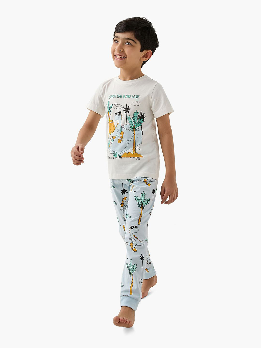 Juniors by Babyshop Boys Dino Printed Round Neck Pure Cotton T-shirt with Pyjamas