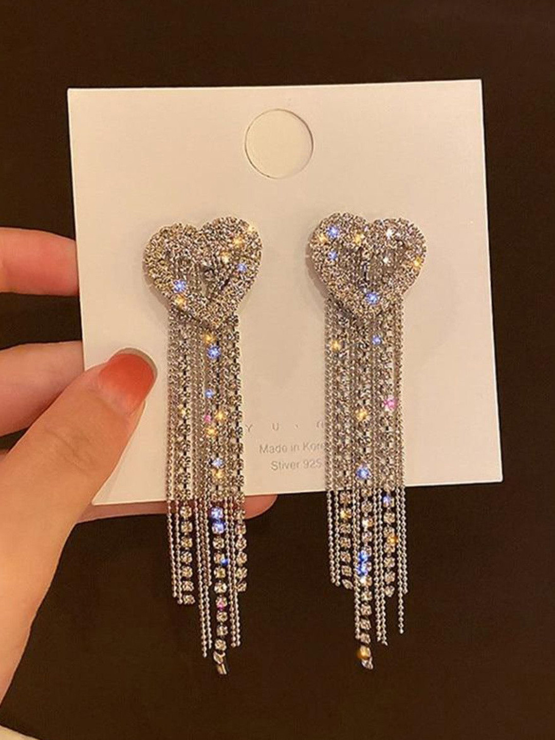OPUS GEMS Silver-Plated Crystal Studded Tasselled Heart Shaped Drop Earrings