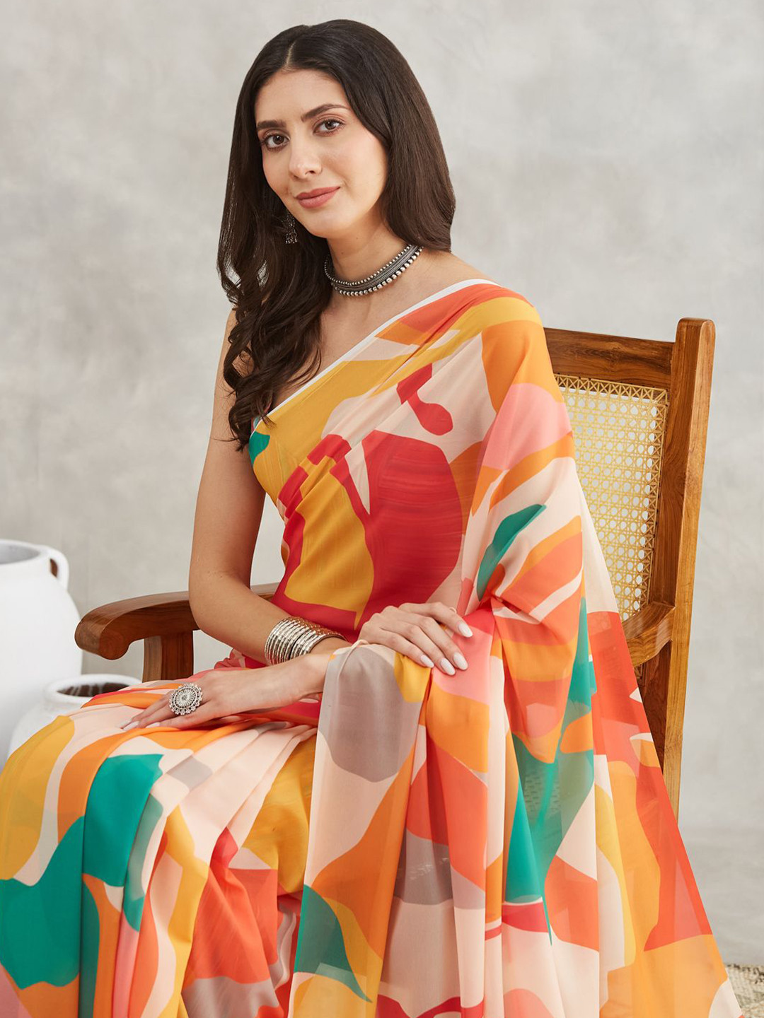 Janasya Multicolor Georgette Abstract Printed Printed Saree with Blouse Piece