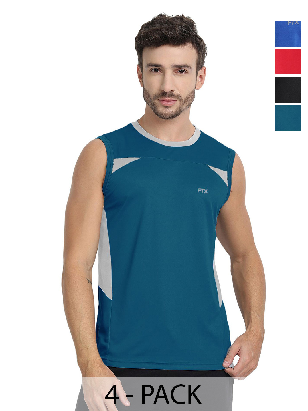 FTX Men Pack of 4 Dri-FIT Colourblocked Round Neck T-shirts