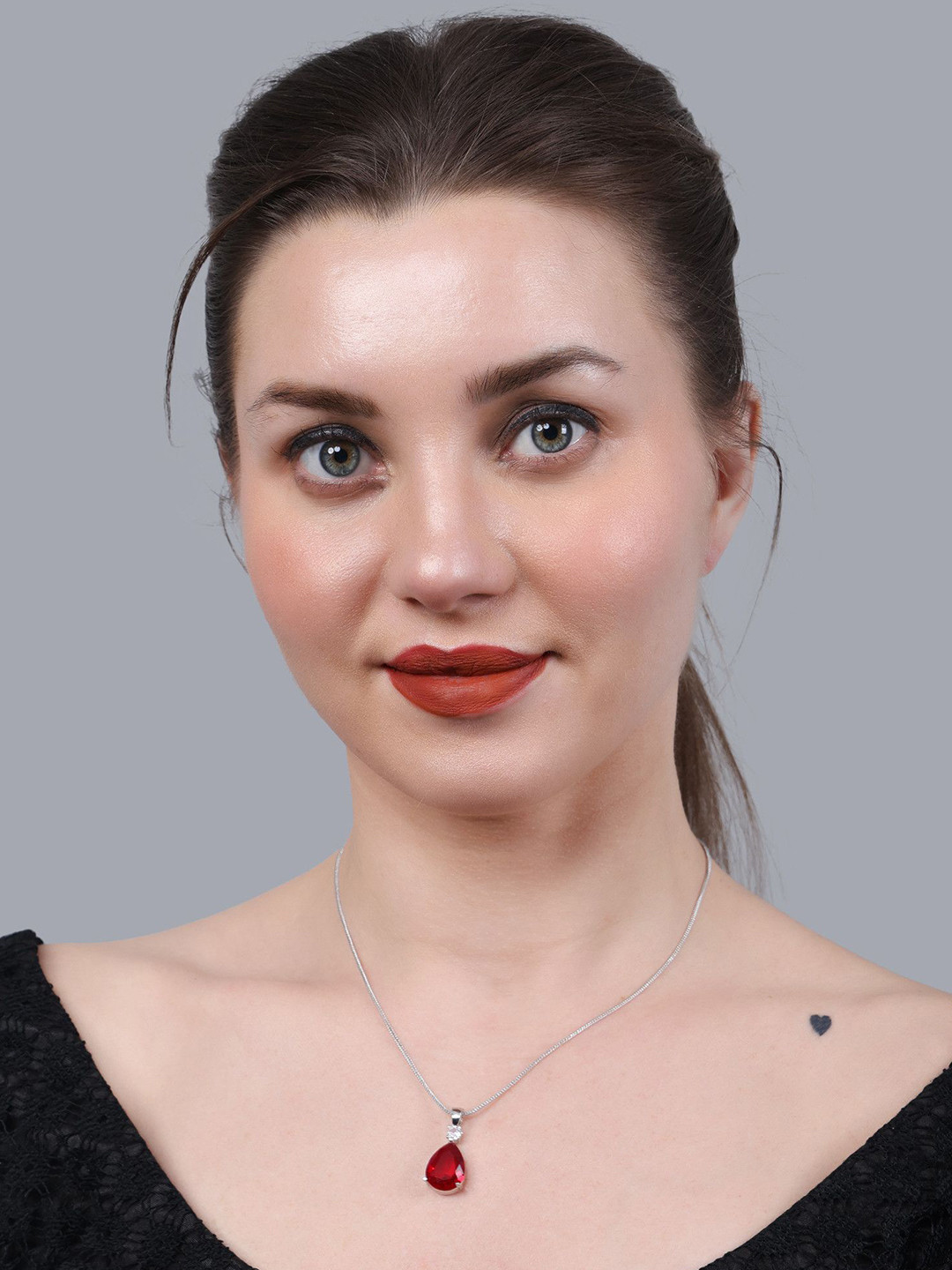 OPUS GEMS Women Silver-Plated Teardrop Shaped RT_Red Diamond Pendants with Chains