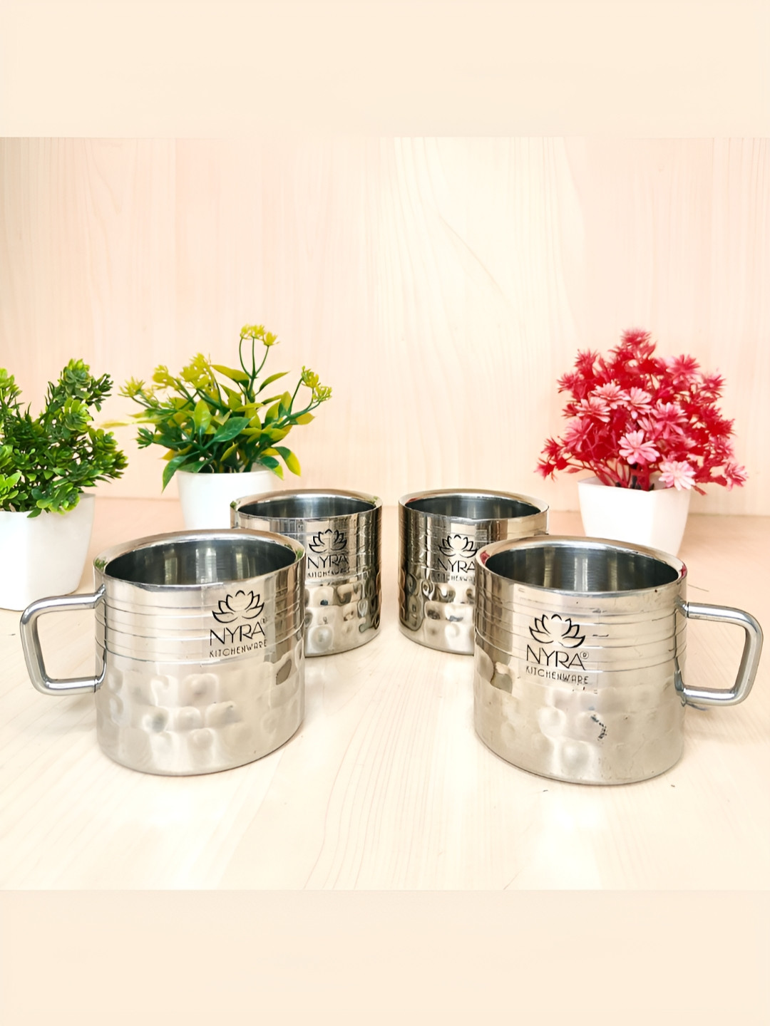 Nyra Kitchenware 4 Pieces Textured Stainless Steel Cups With Handles -120 ml Each