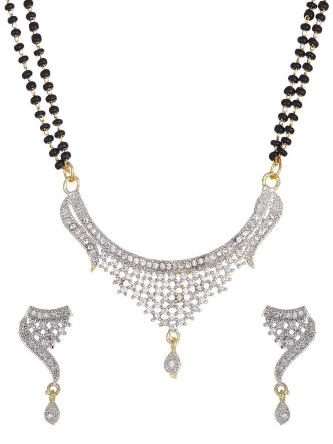 Jaimy Silver-Plated Artificial Stones Studded And Beaded Mangalsutra
