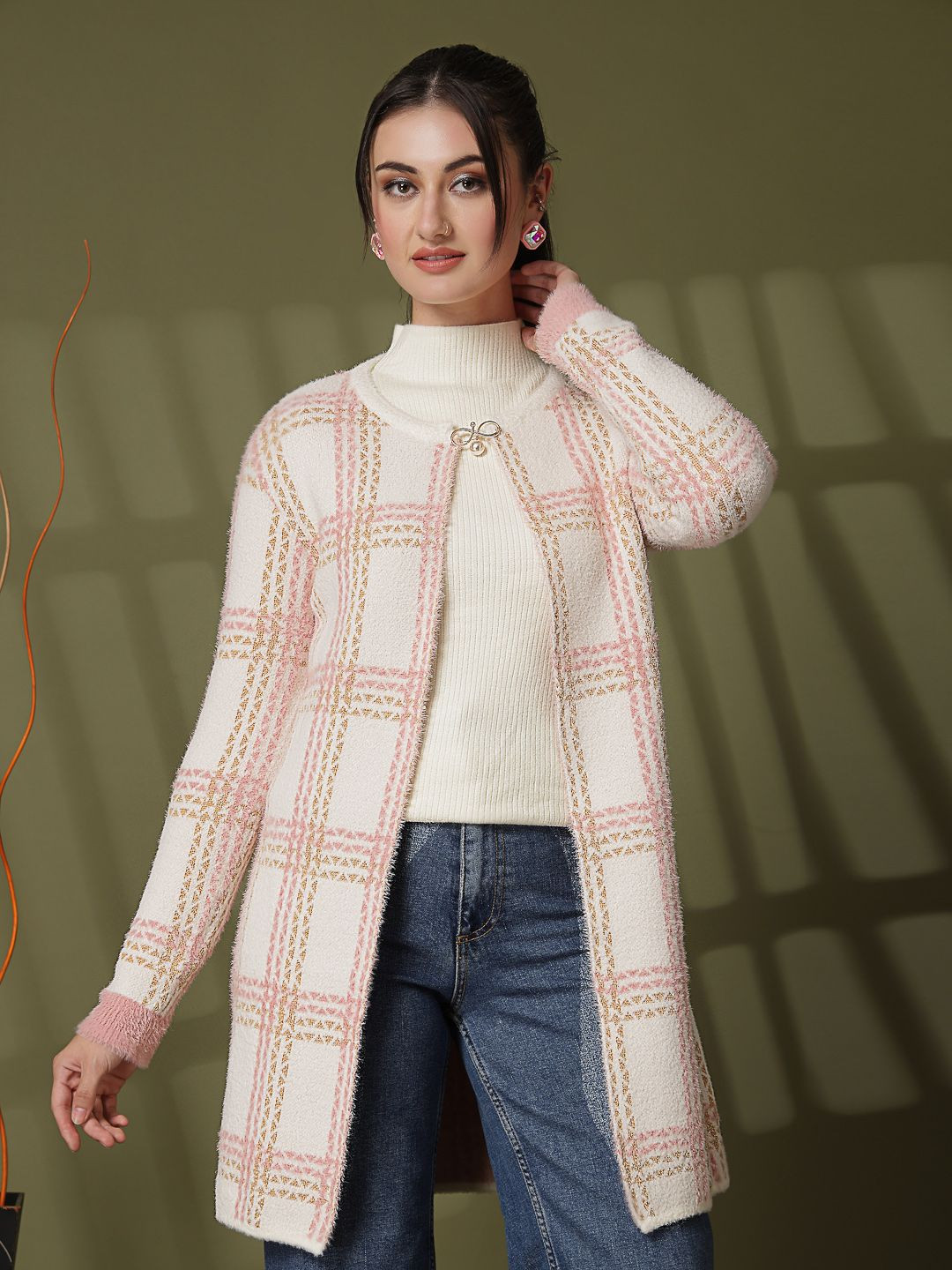 Juelle Women Checked Open Front Long Sleeve Longline Shrug