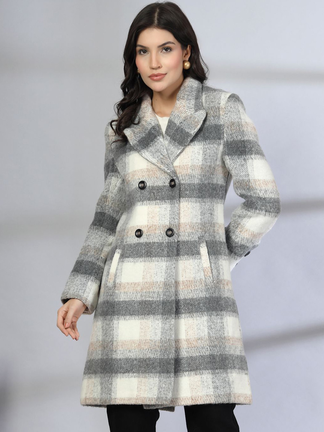 Juelle Women Checked Notched Lapel Collar Double-Breasted Long Coat