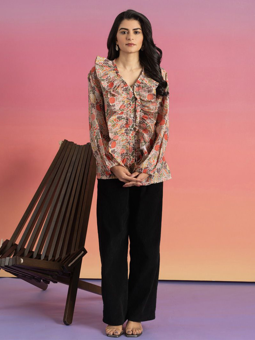 ZNKL  Floral Printed Comfort Cotton Linen Collarless Shirt