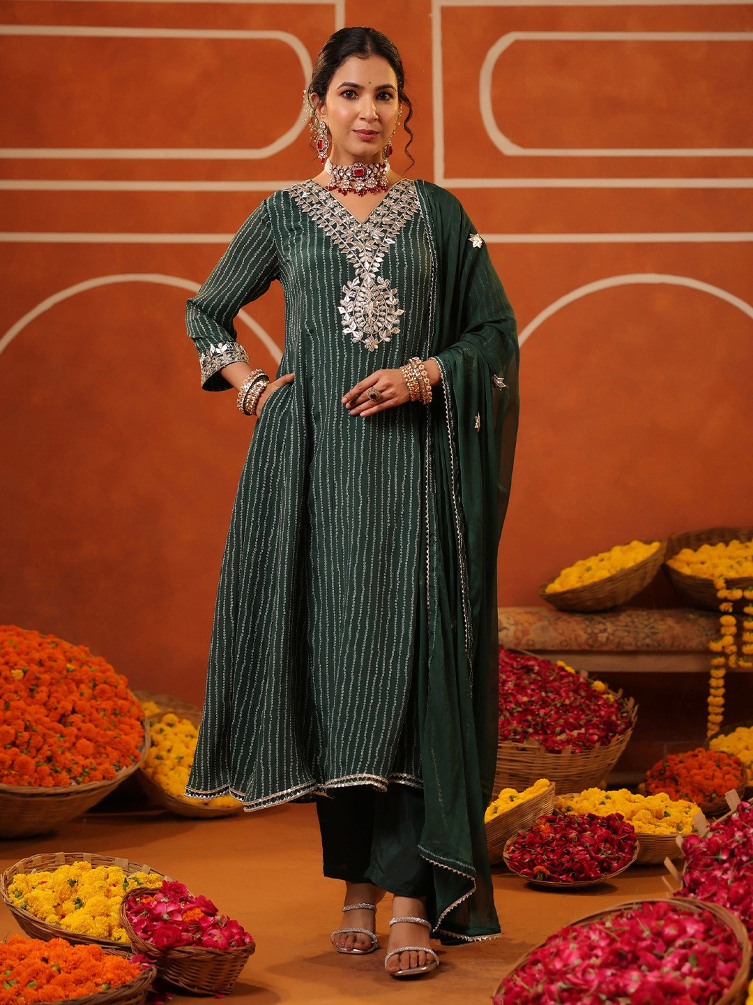 SCAKHI Women Jadegreen Bandhani Embroidered Chinon Silk Anarkali Suit Set with Dupatta