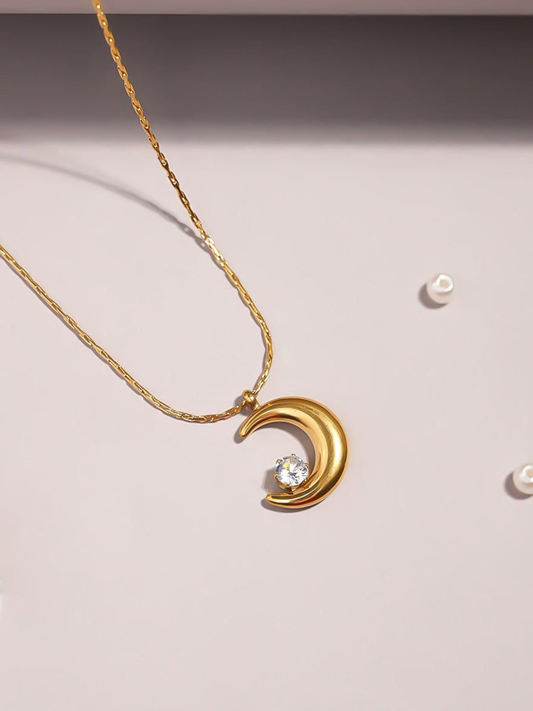 Estailo fashion Gold-Plated Stones-Studded Half Moon Pendant With Chain