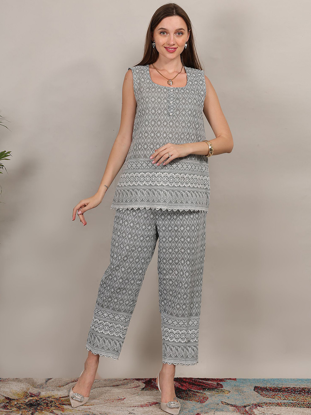 Flora & Fauna Round Neck Sleeveless Embroidered Top & Trousers With Shrug Co-Ords