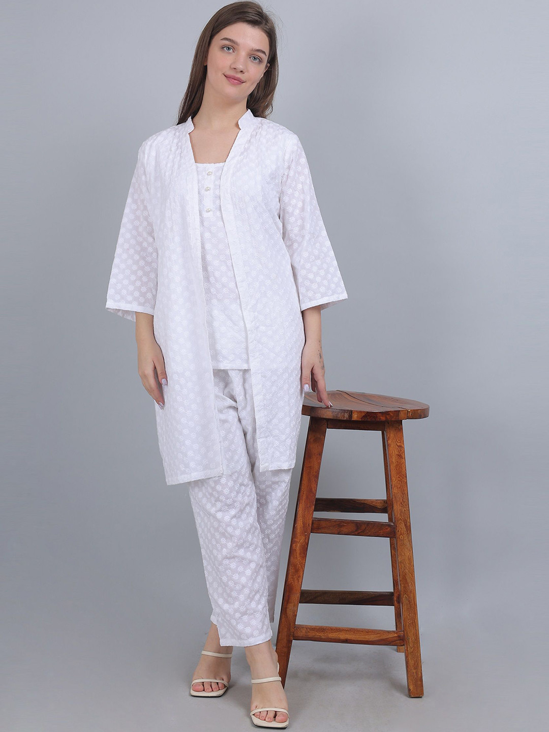Flora & Fauna Round Neck Sleeveless Embroidered Top & Trousers With Shrug Co-Ords