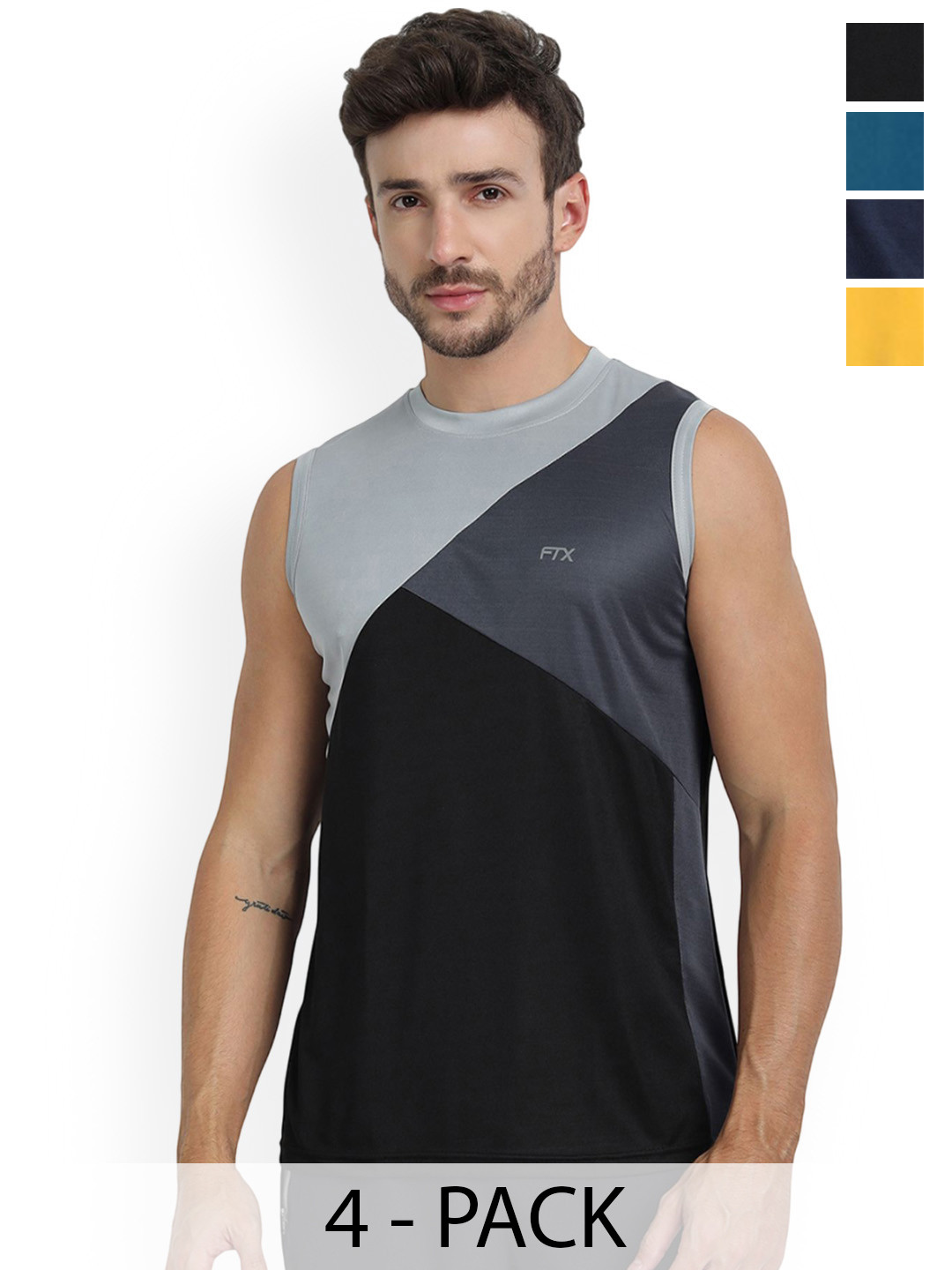 FTX Pack Of 4 Color Blocked Round Neck Gym Vests 709-8_709-10_709-12_709-15-S