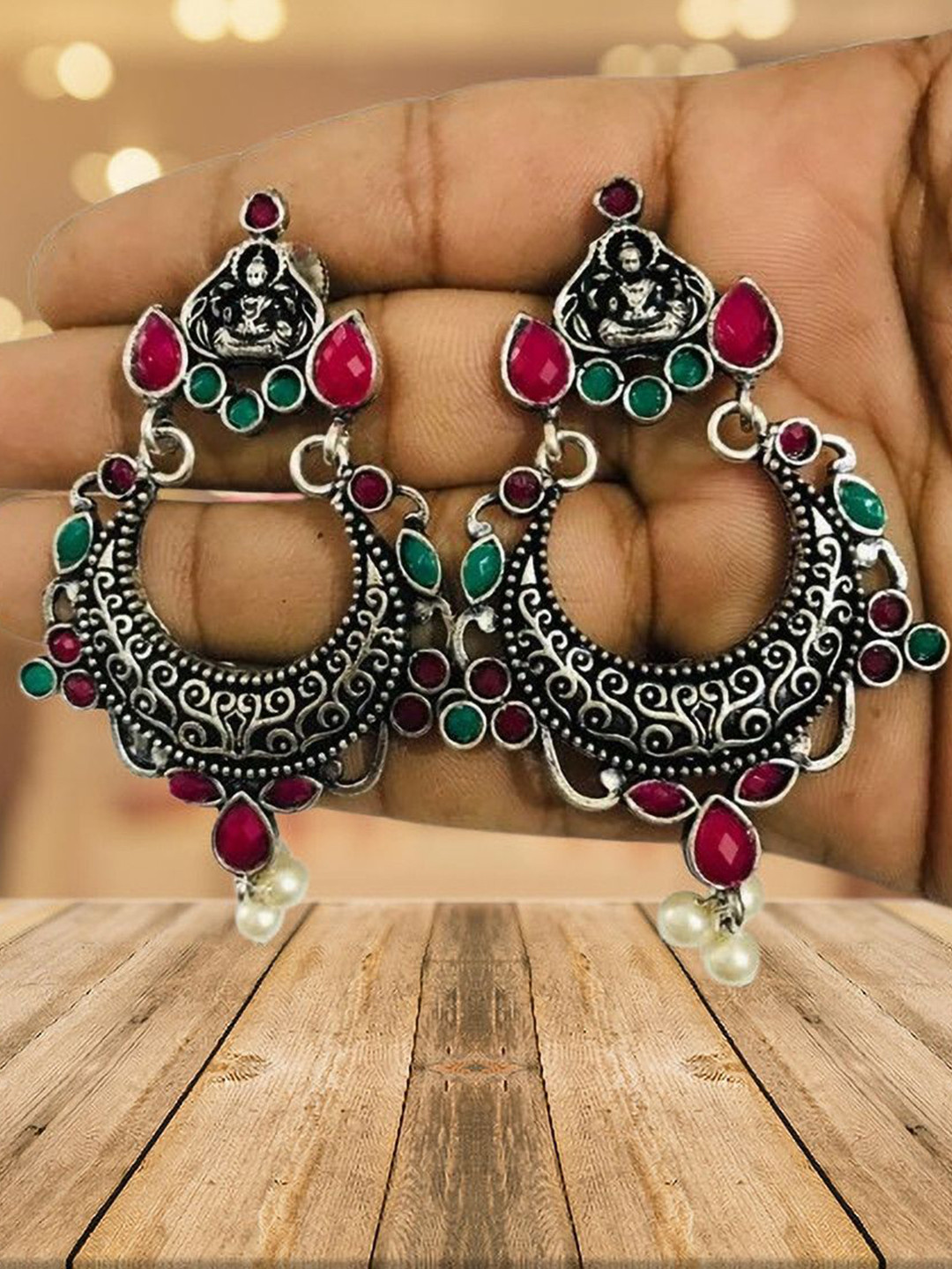 OPUS GEMS Artificial Stones Studded And Pearls Beaded Temple Crescent Shaped Chandbalis