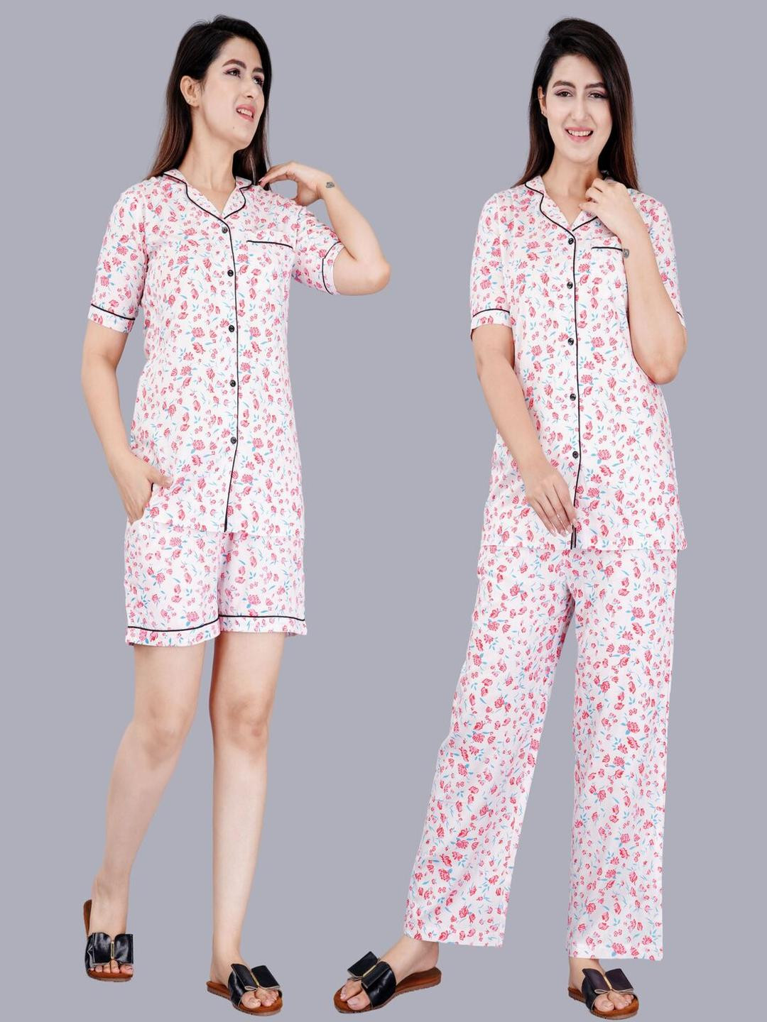 Mintmarie Women Floral Pink Rayon Nightwear Combo Pyjama & Shorts Set